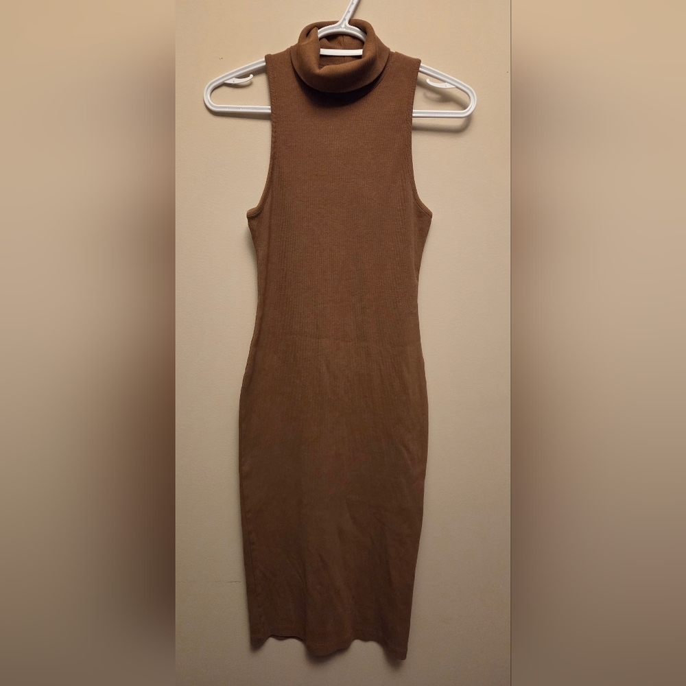 Zara Ribbed Sleeveless Turtle Neck Brown Dress Size M